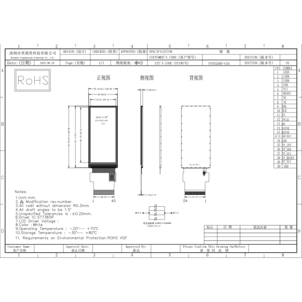 2.4 Inch Bar Type LCD Display 222×480 Resolution SPI RGB LCD Display
