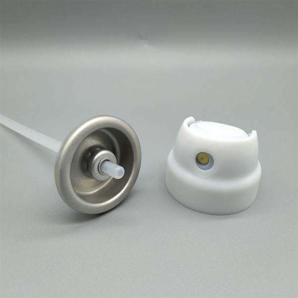 Premium sunscreen aerosol spray valve close-up