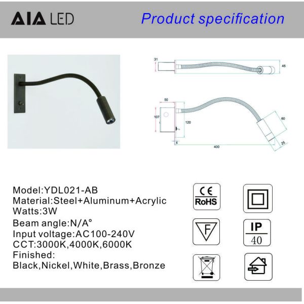 Good quality recessed mounted 3W reading wall lamp hotel led flexible arm bedside reading light for house decoration