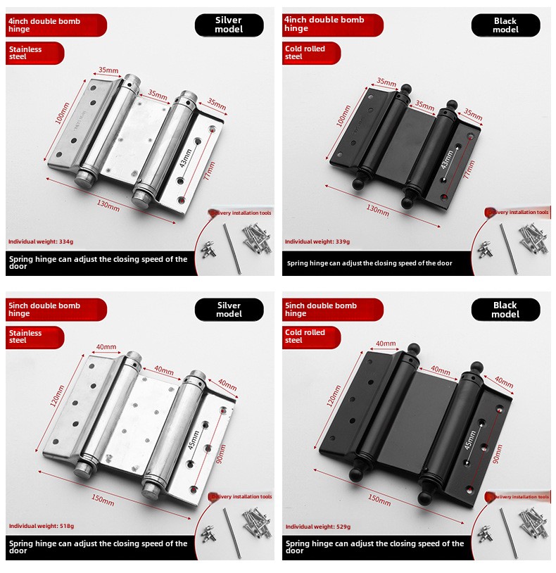 Modern Double-Open Automatic Closing Adjustable Stainless Steel Door Spring Hinge 110 Opening Angle Wall Mount