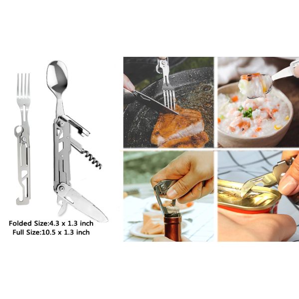 5-in-1 Camping Utensils, Multitool with Safety Locking, Detachable Stainless Steel Spoon, Fork, Knife, Bottle Bottle