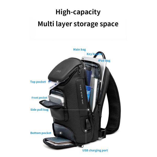 Multi Pockets Polyester Mens Sling Bag With Usb Charging Interface