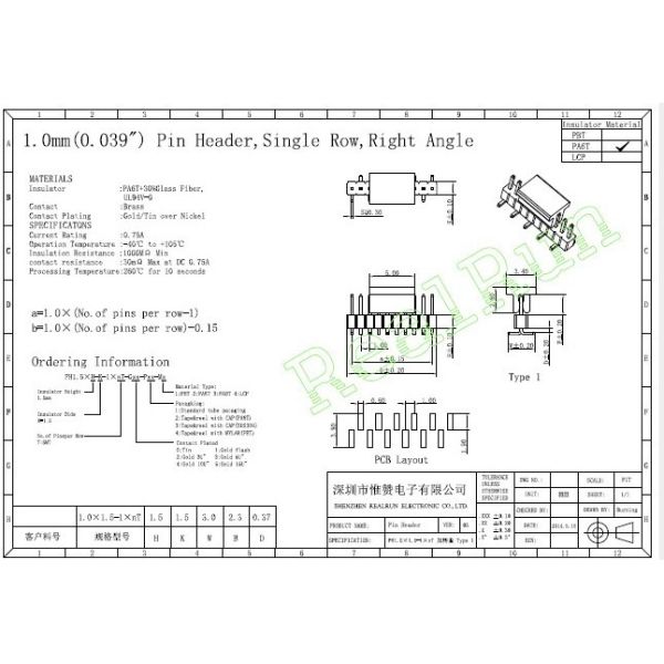 0.75A SMT Pin Header 10P PCB Single Row CAP PA6T Right Angle Connector