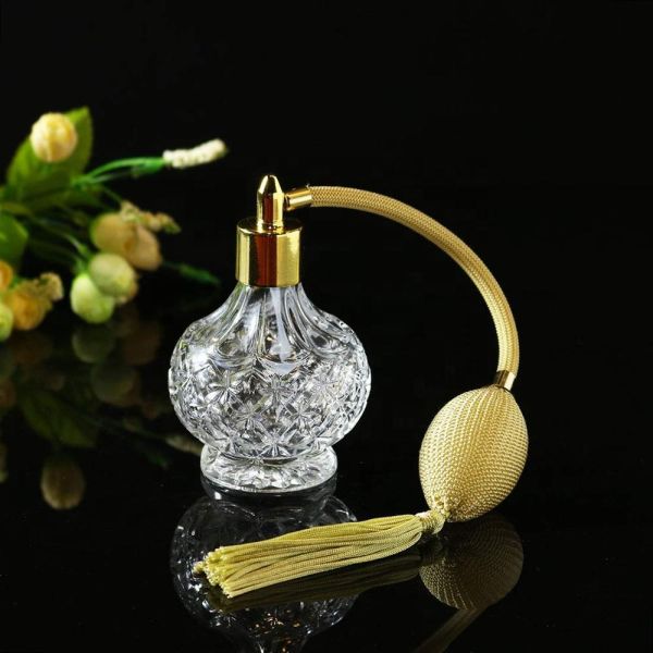Clear Checked Carved Glass Empty Perfume Bottles With Spray Atomizer