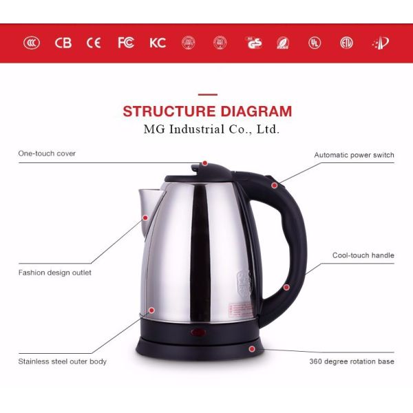 Energy Saving Kitchenaid Electric Tea Kettle 360 Degree Rotational Cordless Electrical Kettle