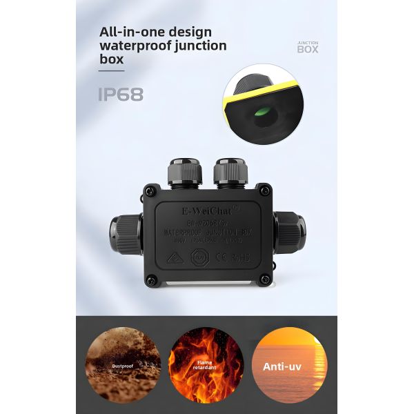 Waterproof Junction Box IP68 - 1-in-3-Out Cable Gland Through-Type for Data Power Lines