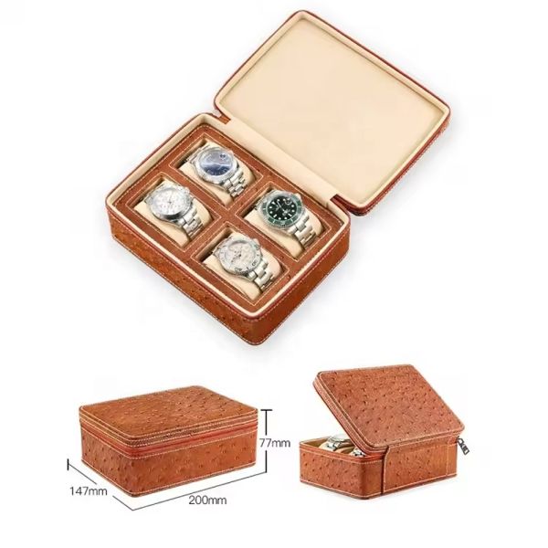 Custom Logo Leather Watch Boxes 4 Slots Ostrich Pattern Leather Case For 4 Watches