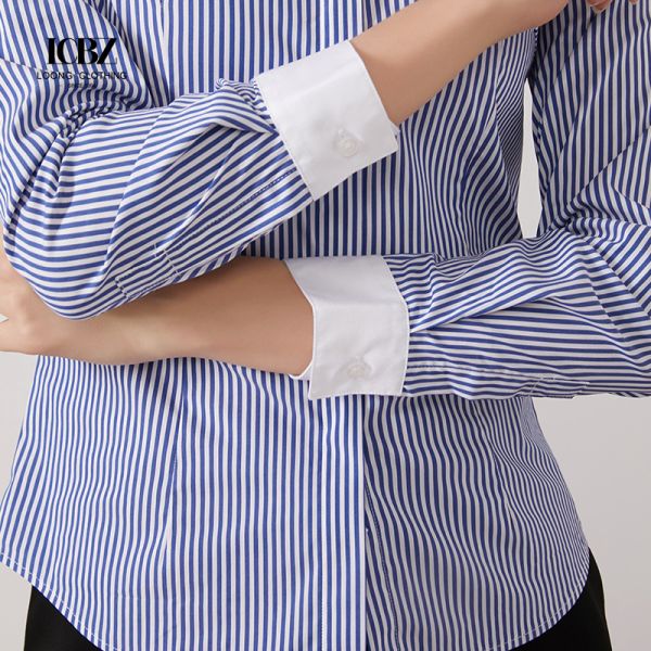 Work Office Formal Navy 100% Cotton Strip Button Down Shirts Custom Contrast Color