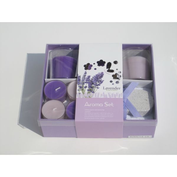 Purple & pink lavender fragrance scented tealight candle & glass candle with printed label packed into gift box
