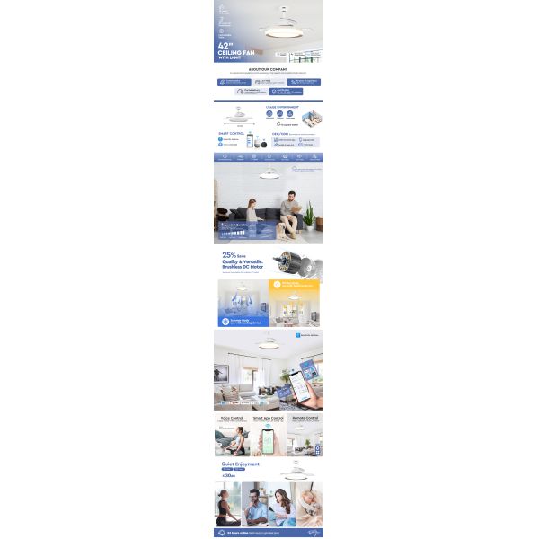 Living Room Smart 42 Inch Invisible LED Ceiling Fan With Hidden Blades