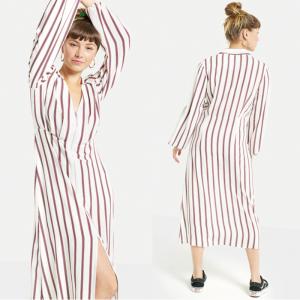 China 2018 New Arrival Fall Long Sleeve White and Red Striped Zip Front Sex V neck Midi Dress Ladies Autumn on sale