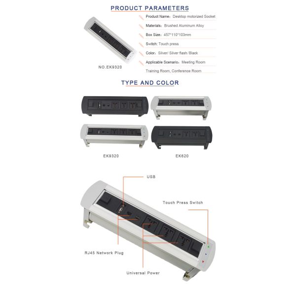 BNT Desktop Motorized Flip Up Socket / Rotating Hidden Power Outlets with 1.5 meter cable plugs