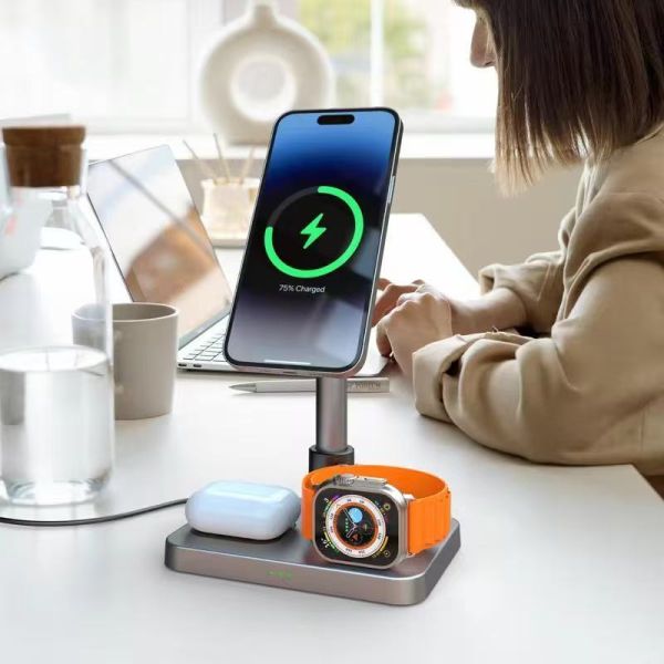 Foldable 15W Plastic Wireless Charger Adjustable Height 3 In 1 Magnetic Charging Stand For Professional Use Multiple Devices