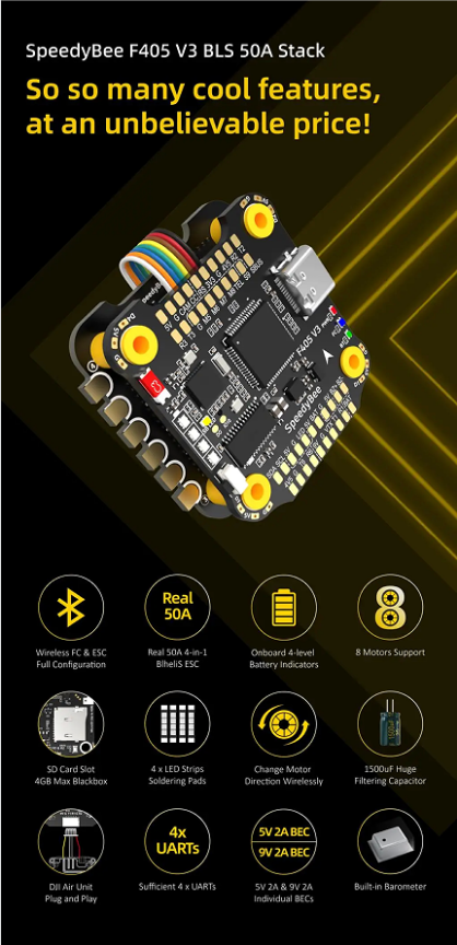 Black FPV Drone UAV Flight Controller For SpeedyBee F405 V3 BLS 50A 30x30 FC ESC