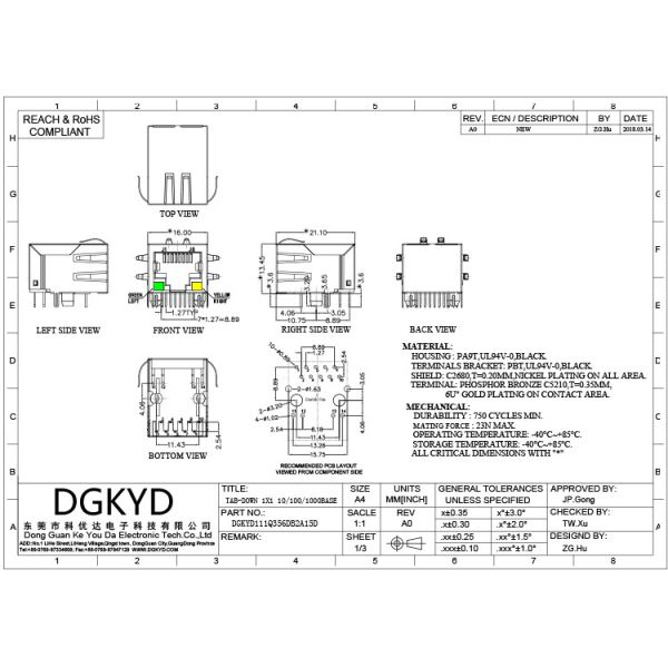 8P10C Single Port RJ45 Connector With Integrated Transformer