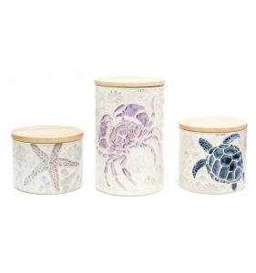 Buy cheap Ceramic Airtight Coffee Canister Jar Handpanting Reactive Glaze Ocean Style Bulk Ceramic Jar With Bamboo Lid product