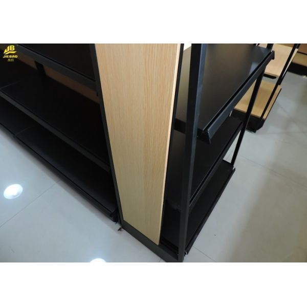 1.4M High Reliable Metal And Wood Display Shelves Trapezoidal Side Frame MDF Backing