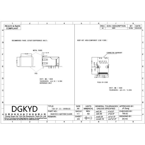 DGKYD311Q070DC2A4DN 25.4mm Network Interface Connector Single Port Gigabit Filter Integrated Transformer 10PIN