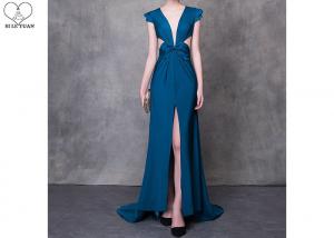 China Cyan V Neck A Line Cocktail Dress High Slit Back Hollow Sexy Style With Bowknot on sale