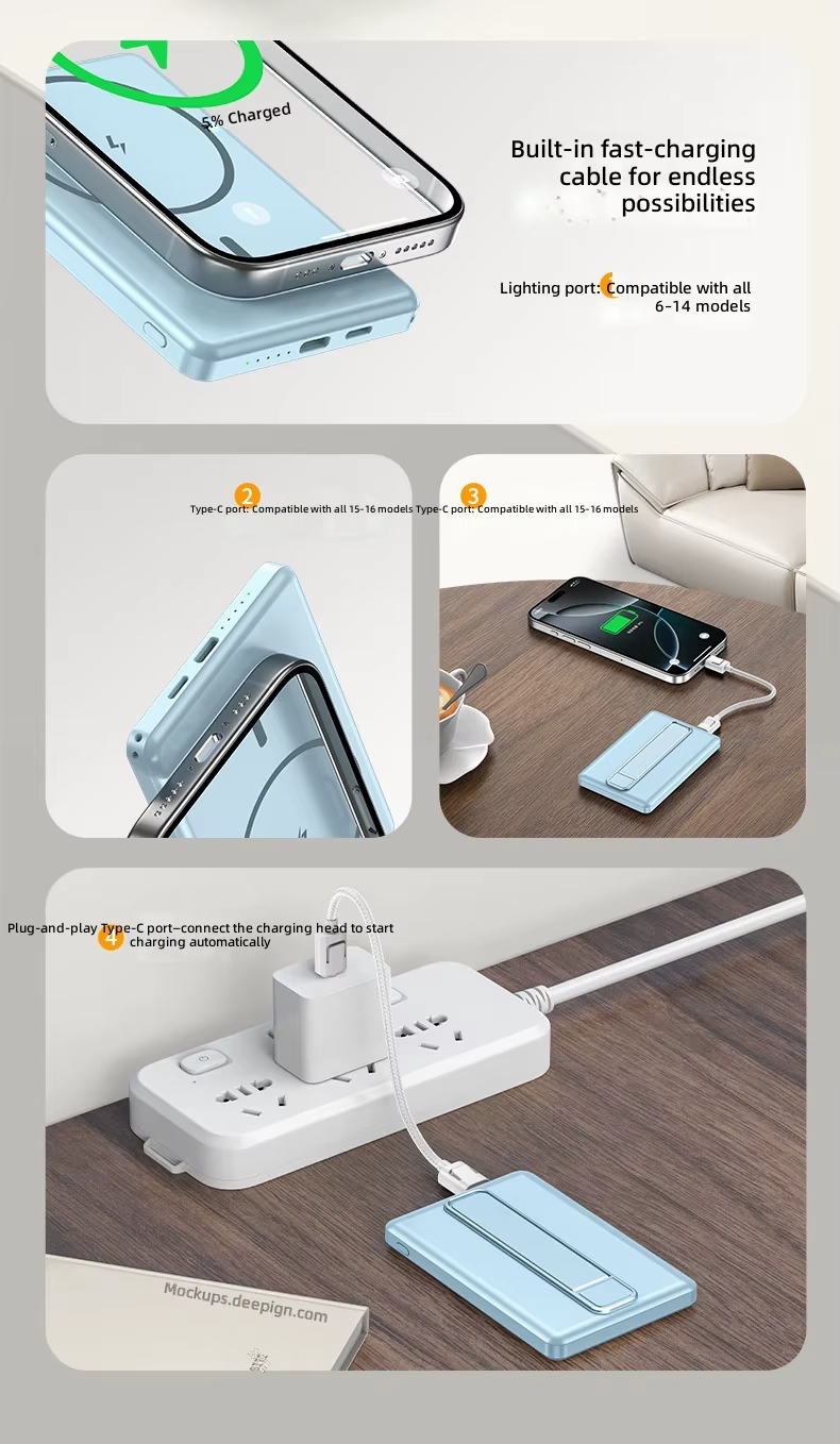 Ultra Thin Magnetic Wireless 10000mAh Power Bank with Holder Hanging Rope Compact Mobile Power Bank Fast Charging