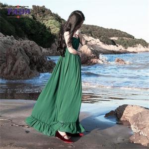 China Chiffon style empire waist green maxi long one piece dresses modern lady casual autumn dress with low price on sale