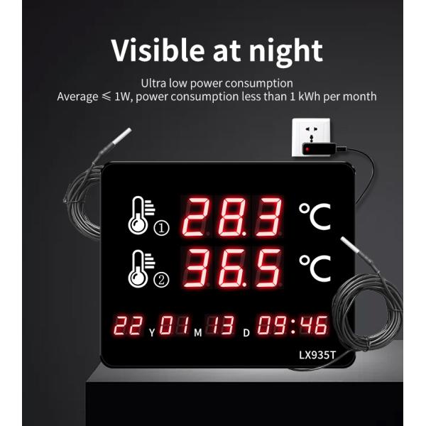 Professional Digital Thermometer LX935T with Dual External Probes Large LED Screen for Pool Sauna Aquarium Home Industrial Use