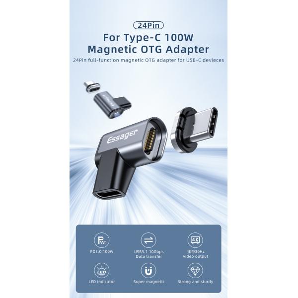 Essager 2021 Trailblazer 100W Magnetic OTG Adapter Cable Quick Charge PD3.0 Data Transfer Type C OTG Converter Adaptor