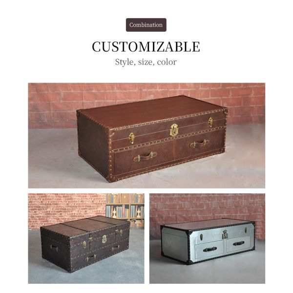 Nidea #8623 American-Style Retro Box-Shaped Handmade Leather Trunk Table for Living Room Home Bars Hotels Lounges