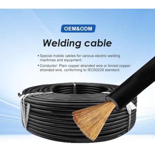 Welding cable product view showing construction and labeling
