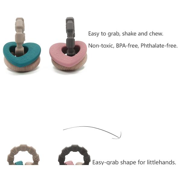 Customized Cadmium Free Heart Shape 5cm Silicone Wood Teether No Lead