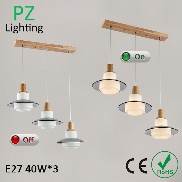 Oak wood dinner room pendant lamp with 3heads glass shade E27 socket wood imported