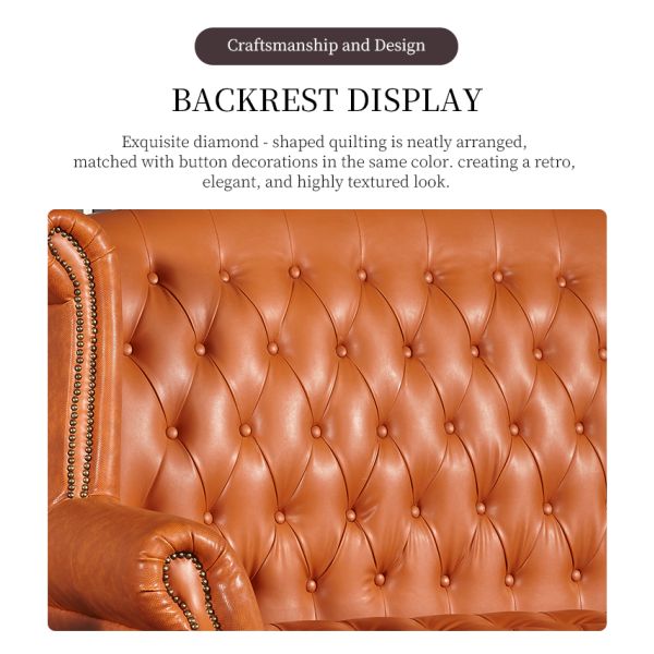 Luxury Vibrant Orange Leather Chesterfield Wingback 3 Seater Sofa All-over Tufted Sponge-Filled Set for Modern Boutique Hotel