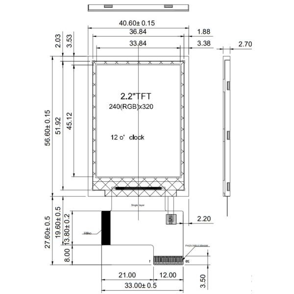 QVGA 240x320 2.2 Inch TFT Display , 39 Pin LCD Display ST7789V 18 Bits Interface