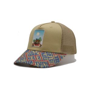 China Printed Patch 5 Panel Baseball Cap Light Yellow Polyester And Mesh on sale