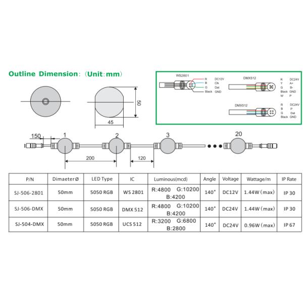 50mm ws2801IC 6pcs SMD5050 DC12V Waterproof & non-waterproof Multicolor LED Pixel Ball