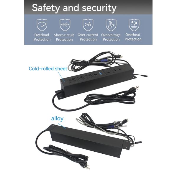 Interchangeable Under Desk Power Strip with 3 Outlets USB Charging and Data Ports Aluminum Alloy Shell CE Certified