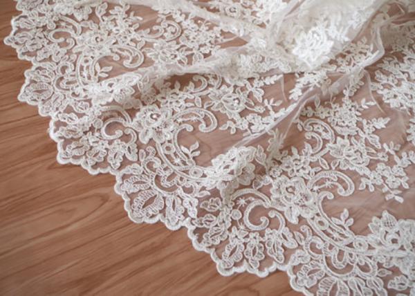 Quality Retro Embroidery Ivory Bridal Lace Fabric / Stretch Tulle Fabric For Wedding Dresses for sale