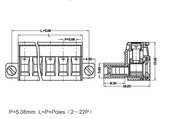 PA66 Brass Green Electrical Terminal Blocks Pitch 5.08mm 300V 18A 2-22 Poles