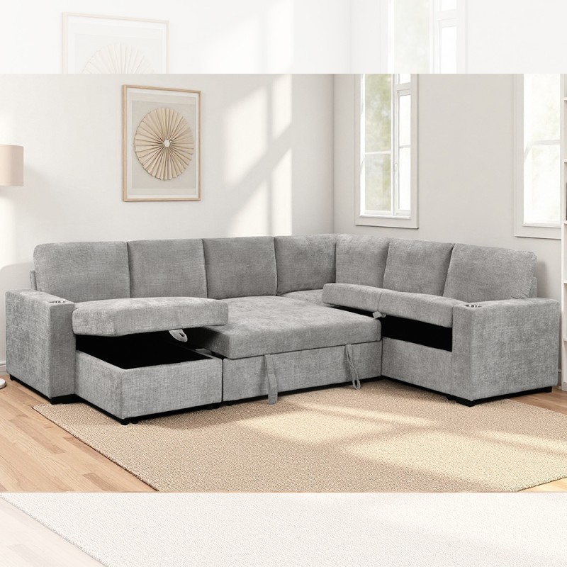 U-Shaped Sectional Sleeper Sofa with Pull Out Bed and Storage Chaise Lounge and Storage Sofa and Cup holders, Gray Fabric