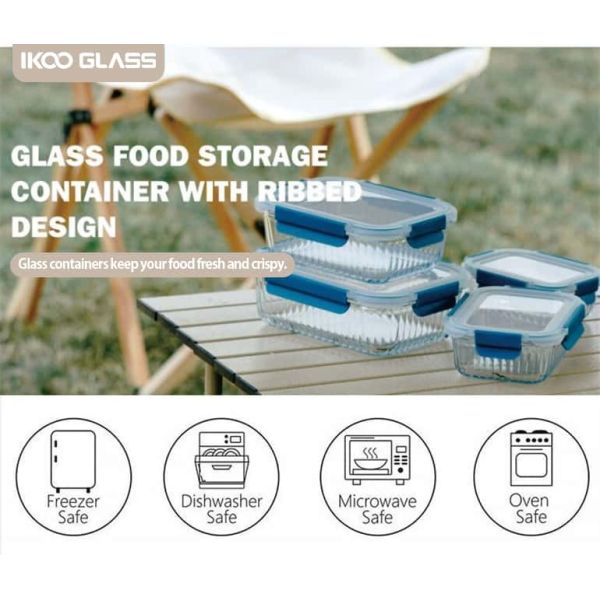 IKOO Airtight Locking Lids Stackable Design Microwave Safe Glass Food Container for Meal Prep