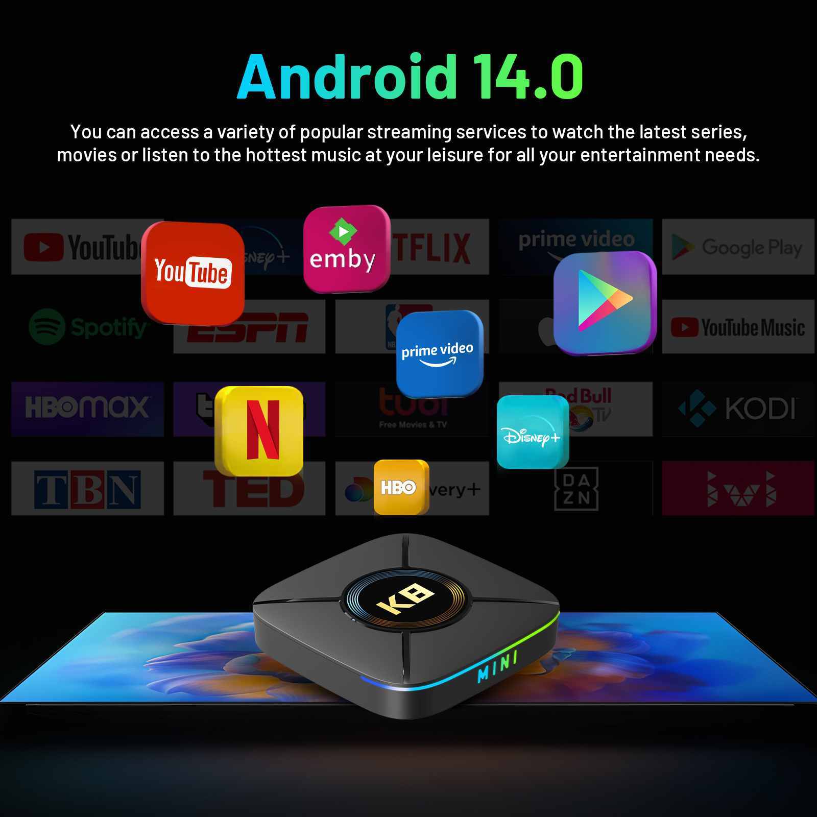 Voda 8K / 4K Smart TV Box Android 14 Bluetooth 5.0 8+128gb