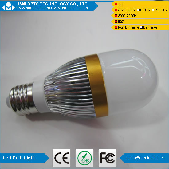 CE RoHS energy Saving wide working voltage 3W E27 white led bulb light