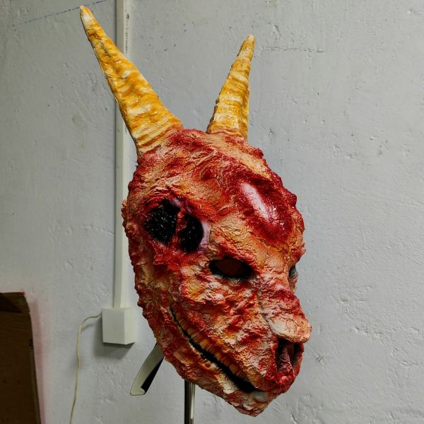 Realistic Goat Skull Demon Mask with Hyper-Detailed Latex Surface Poseable Ribbed Horns and Hollowed-Out Eye Sockets