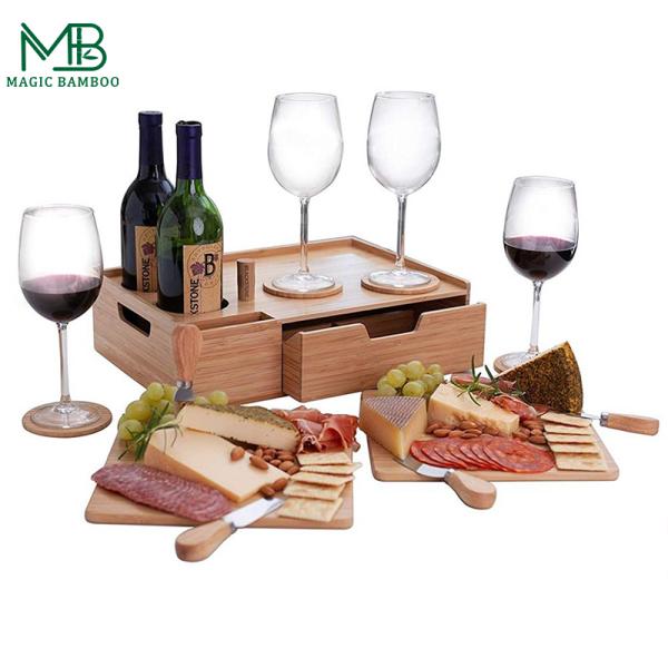 Customized Logo Acceptable Bamboo Cheese Serving Tray With Storage Drawer and Wine Set