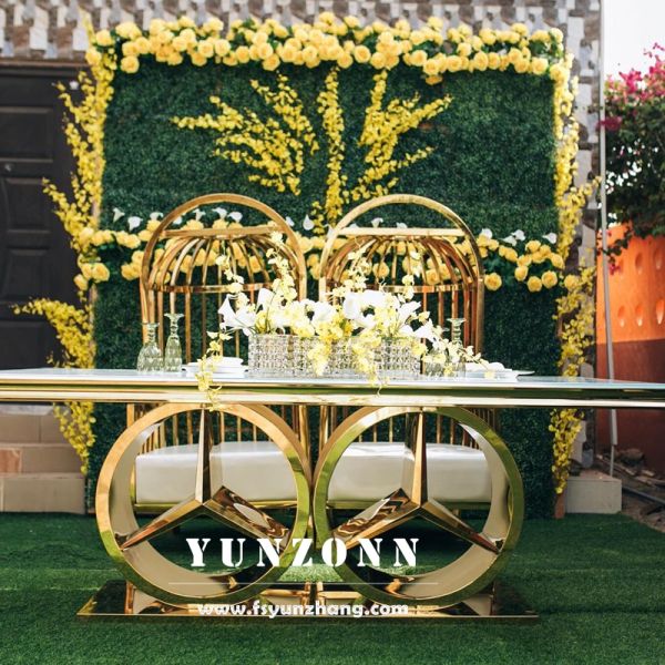 Modern Gold Rectangular Dining Table with Benz Base Luxury Wedding Event Furniture for Outdoor and Hotel Use Glass/MDF Top