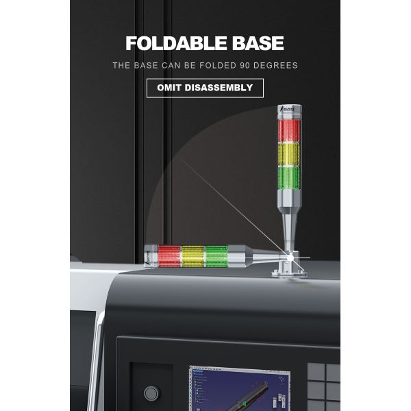 OUJVAN Q4I Tricolor LED Signal Light IP54 | 90° Foldable Base Tower Warning Light with 95dB Buzzer for CNC Automation Equipment