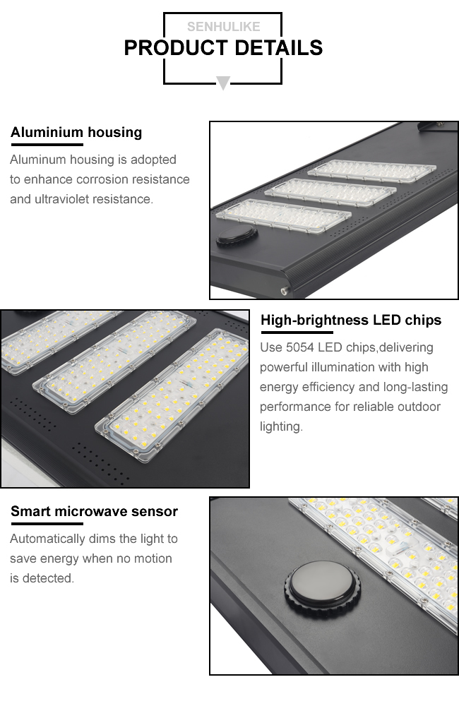IP65 Waterproof Solar Street Light 250W Black 5-Module Design 90W Monocrystalline Panel Aluminum Alloy Built-in Lithium Battery Microwave Induction