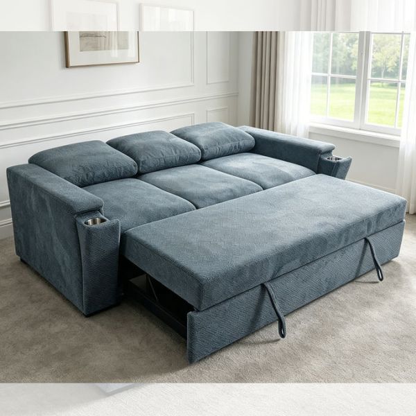 Futon Sofa Bed, Convertible Sleeper Sofa Bed, Comfortable Pull-Out Bed with Adjustable Backrest, Arm with Hidden Stainless Steel Cup Holders, Blue
