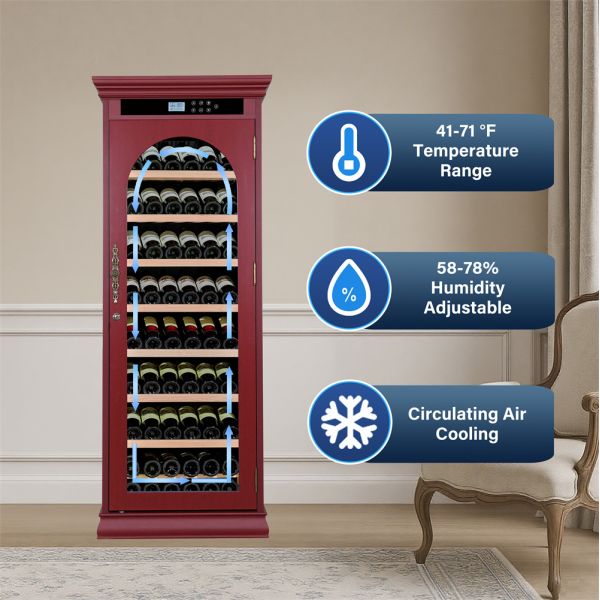 Luxury Burgundy Solid Wood Wine Cooler Cabinet with Digital Control Panel and Touch Control