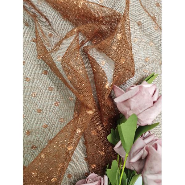 Brown Color Embroidered Lace Fabric Metallic Tulle Lace Light Weight Dot Lace
